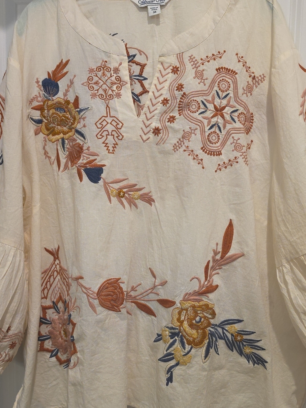 NWOT Coldwater Creek Cream Embroidered Peasant Top 3x